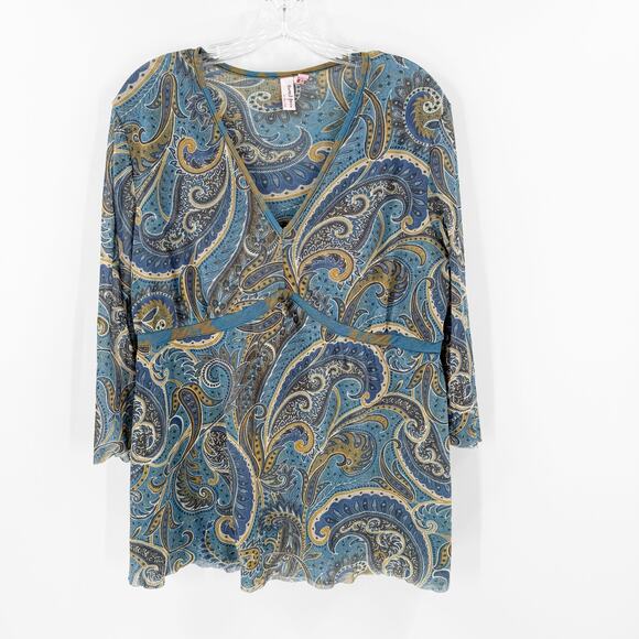 Vintage Y2K Sweet Pea Blue Paisley Sheer Babydoll Blouse Size Large XL FLAWED - Picture 1 of 11